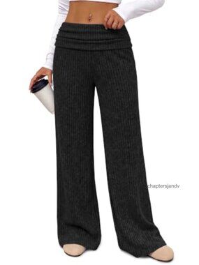 Wide Leg Pants for Women Soft Casual High Waisted Ribbed Knit Loose Fit